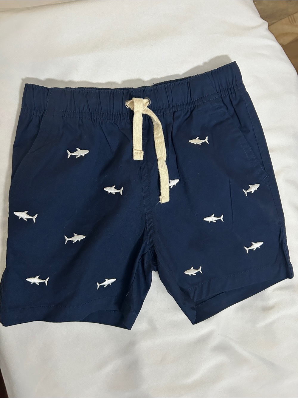 Navy Shark Embroidered Kids Shorts with Drawstring